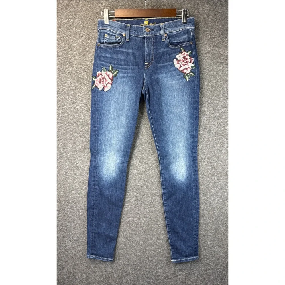 7 For All Mankind Blue Skinny Jeans with Pink Rose Embroidery